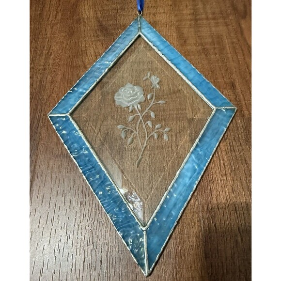 Diamond Shaped Stained Glass Hand Made Window Hanging Blue Etched Rose 11.5x7.5” - Picture 4 of 11